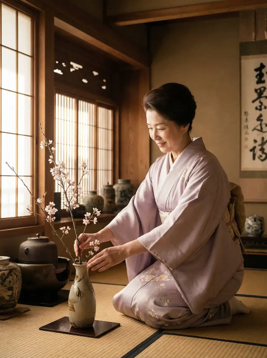 一位优雅的 akira结婚 在和室中插花